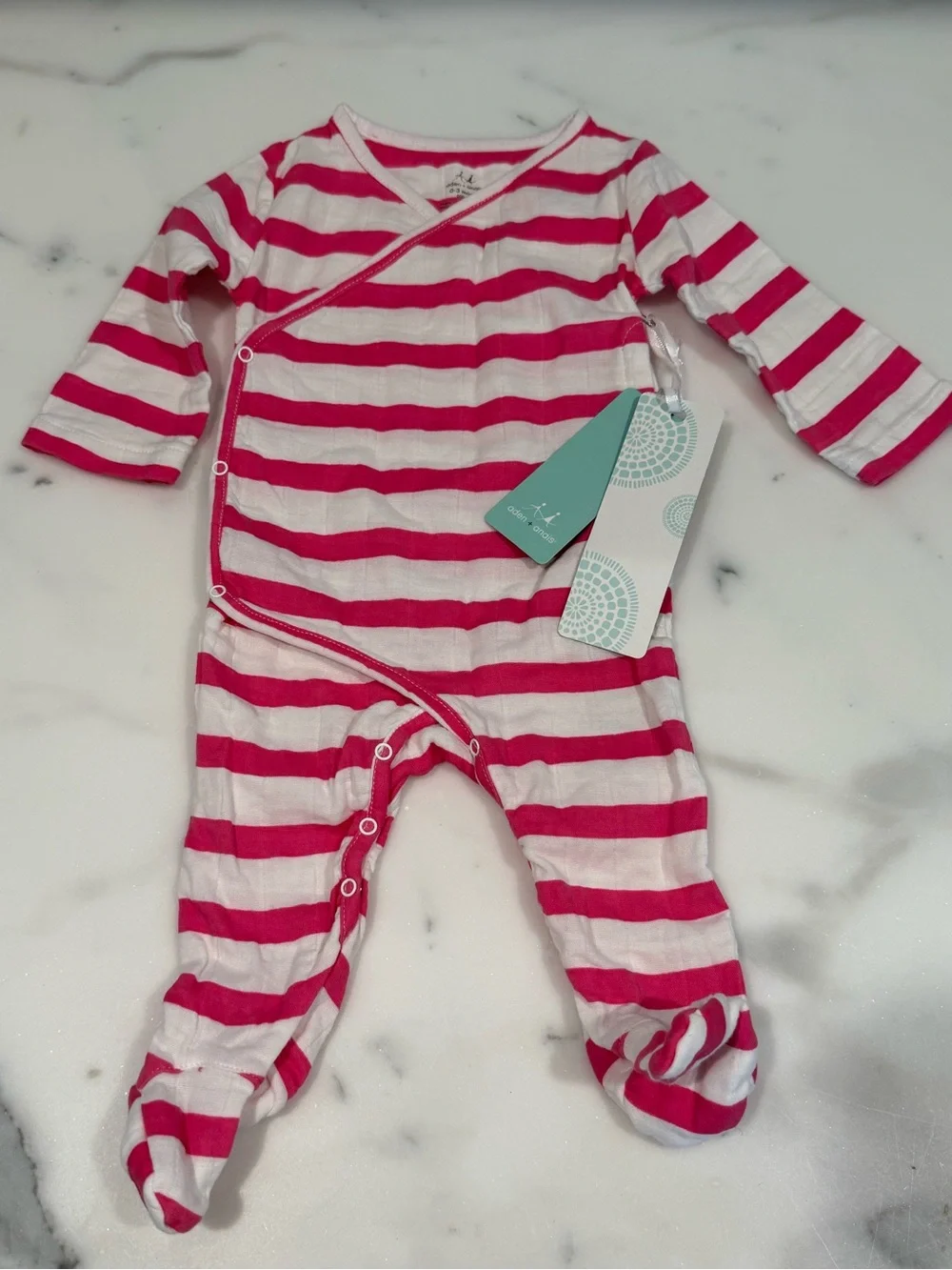 Perfect baby gift! Soft cotton kimono footie in pink/white stripe
